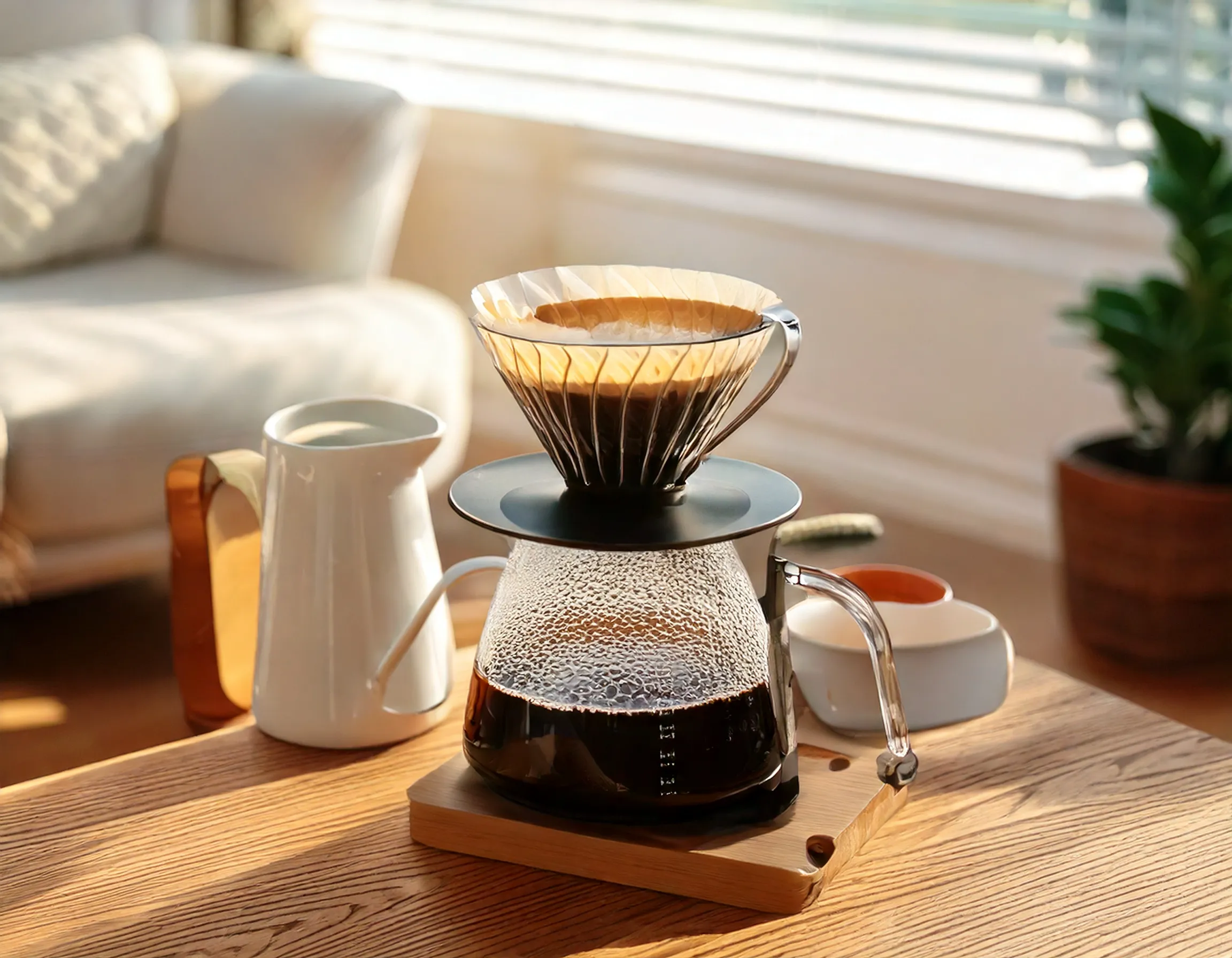 コーヒーをハンドドリップで抽出　背景は白系のリビング